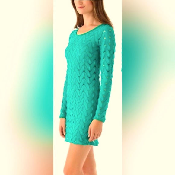 Free People Long Sleeve Wild Thing Bodycon Mini Dress w Back Cut Out in Emerald - Picture 5 of 8